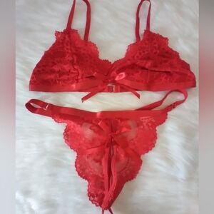 Red lace bra and panty set